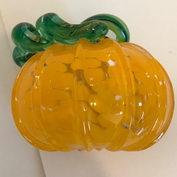 Art Blown Glass Pumpkin Curly Stem 3” Orange and Green - Picture 11 of 16